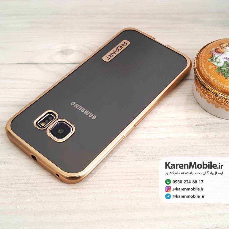 قاب گوشی موبایل SAMSUNG Galaxy S6 Edge برند PHOPART مدل پشت شفاف دور رنگ طلایی
