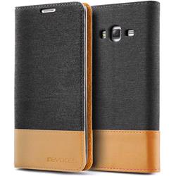 کیف گوشی موبایل SAMSUNG J7 برند BEVOCEL مدل ترکیبی چرم و کتان رنگ زغال سنگی